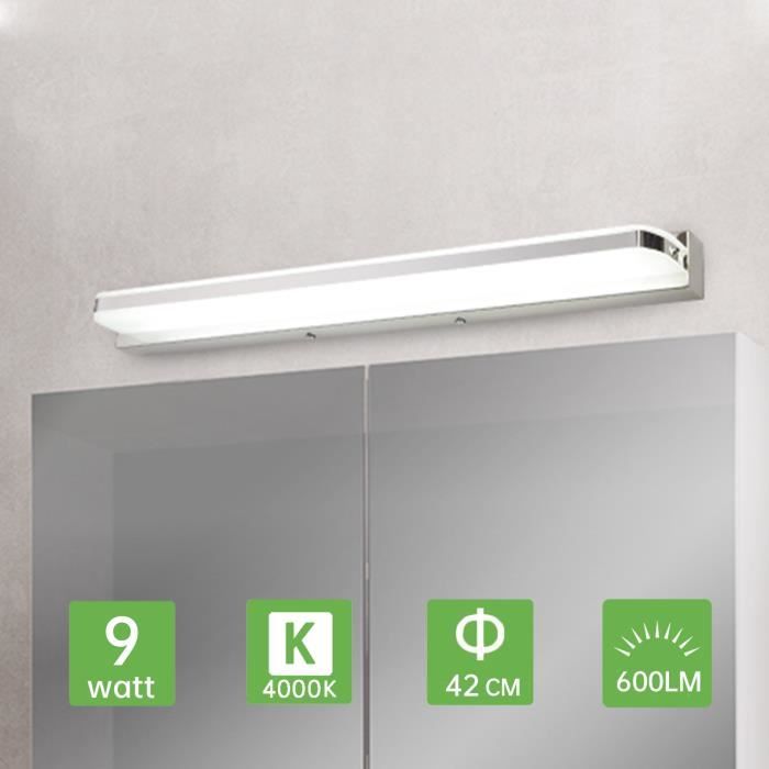 Lampe Miroir Salle de Bain Ketom Lampe pour Miroir LED 9W 600LM Miroir Lumineux Led IP44 Applique Salle de Bain Blanc Neutre 4000K Acier Inoxydable Lampe Miroir LED 42CM 