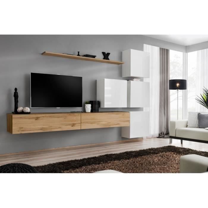 ensemble meuble tv mural switch ix - price factory - chêne wotan et blanc brillant - 6 portes - 310x40x200 cm
