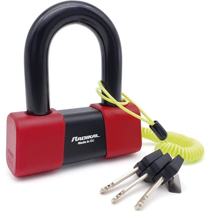 Antivol Moto FR Sécurité FR50 Homologué SRA | Bloque Disque Mini U 18mm Acier Cémenté | Double Verrouillage Anti-Crochetage Sciage | Câble Rappel Jaune Visible | Pour Moto Scooter Vélo