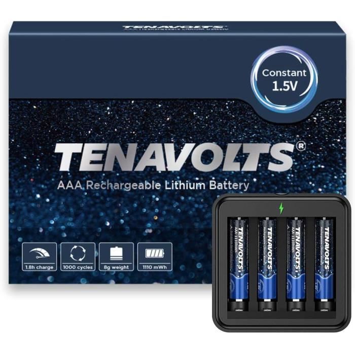 TENAVOLTS Pile Rechargeable au Lithium 1.5V AAA Charge Rapide de 1.8h  Chargeur USB Sortie constante à 1.5V 1110 mWh 4 comptes[S201]