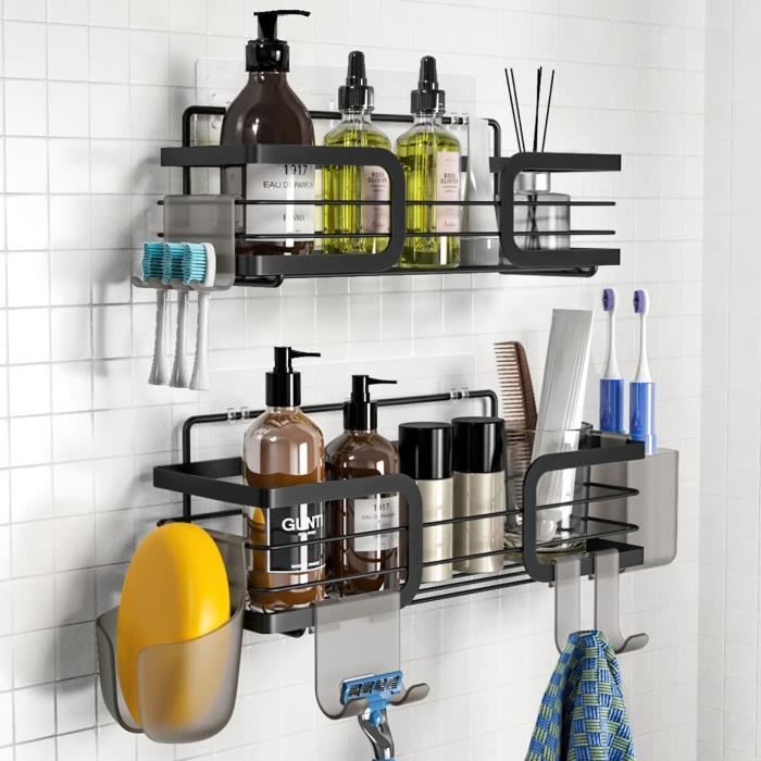 2 Étagères Douche Sans Perçage Noires - Etagere Salle De Bain Avec Crochets Aluminium Robuste
