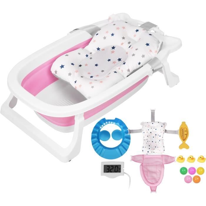 Baignoire Pliable Bébé Avec Thermomètre – Rose | Bain Nouveau-né Et Enfant Jusqu'à 3 Ans, Pieds Antidérapants & Tapis Confort