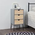 Table de chevet BAHIA meuble de nuit avec 3 tiroirs de coloris gris et bois naturel avec pieds épingle en métal noir-1