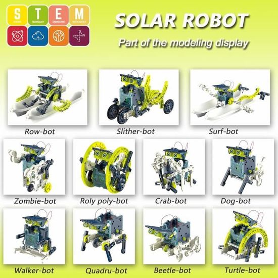 Robot Solaire 12-en-1 - Kit De Construction STEM éducatif Pour Enfants 8-12 Ans (énergie Solaire + Batterie)