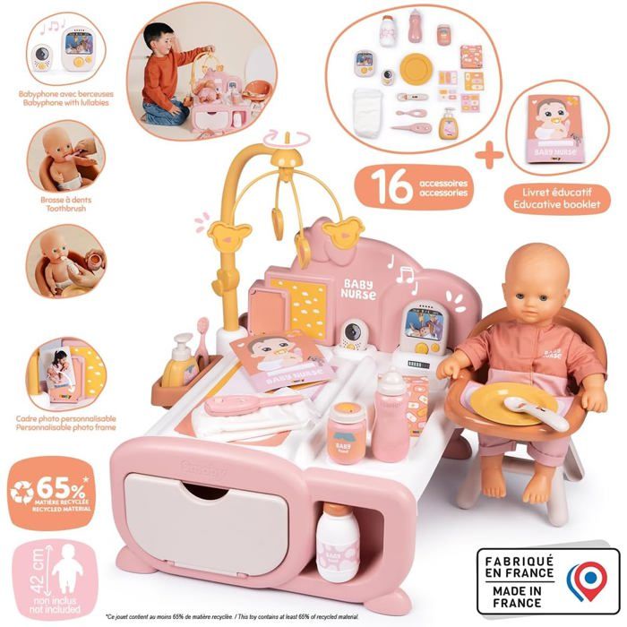 Baby Nurse-Nurserie Cocoon-pour Poupons Jusqu'à 42 cms-Nombreux Accessoires et Fonctions de Jeux-Matière Recyclée-A Partir de 3 - Jeux - Jouets