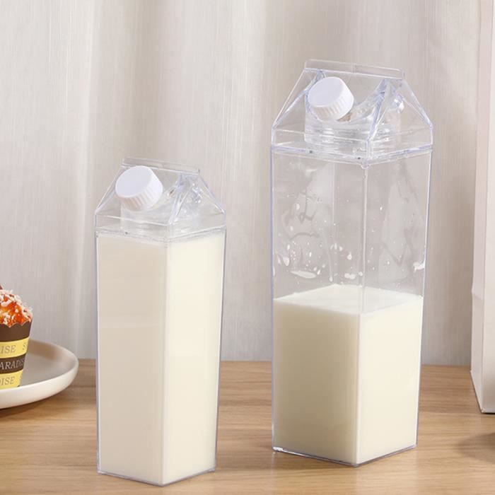 Lot de 2 bouteilles d'eau en carton de lait, 1000 ml, carton de lait transparent, haute capacité, réutilisable, carré, récipient à jus avec pinceau, pour le camping