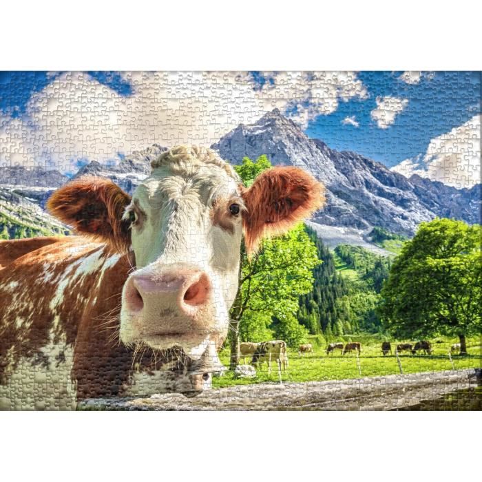 Puzzle 1000 Pièces Ulmer Puzzleschmiede - Portrait De Vache Coloré 'MUH' Sur Fond Abstrait, Fabriqué En Allemagne