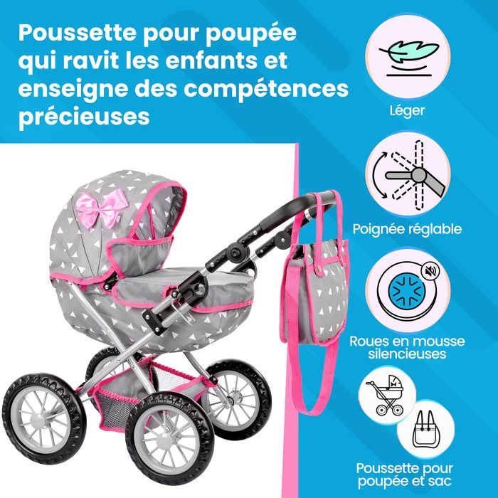 Kinderplay Poussette Poupee, Landeau Poupee Fille - Poussette pour Poupées,  Poussette de Conception Légère Stable, Hauteur Jusqu'à la Poignée 54 cm