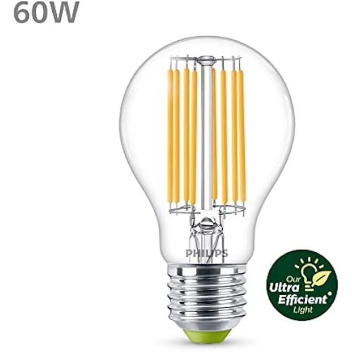 Philips Ampoules LED Classique A60 - Équivalent 60W, Culot E27, Blanc Chaud 2700K, Verre Transparent, Économie D'Énergie - Pack De 6