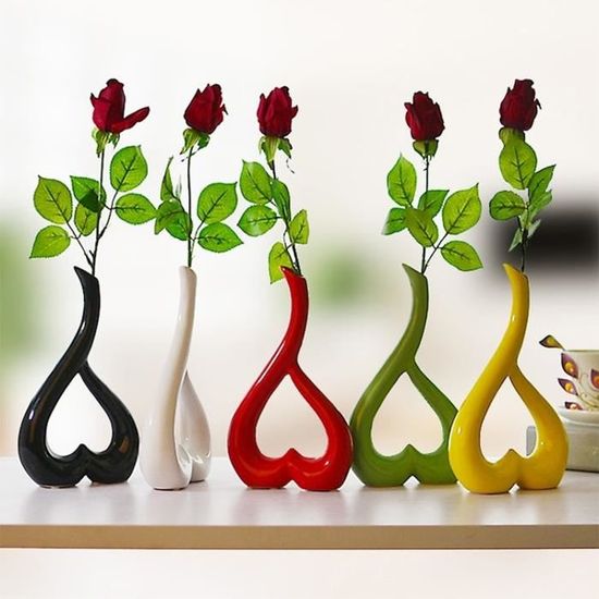 Rouge CLISPEED Vase à Fleur en Céramique Centre de Table Bouteille de Fleur Sculpture en Céramique Coeur Décoration de La Maison 