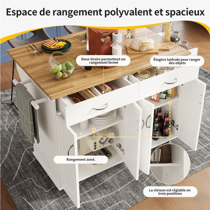 Îlot De Cuisine, Desserte Avec Plan De Travail Extensible, Chariot De Cuisine A Roulettes 98863968