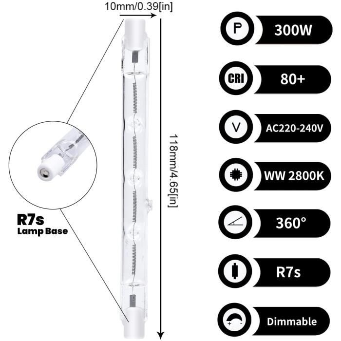 Dimmable R7S 118mm 300W Ampoule Halogène Crayon AC220-240V 5900lm