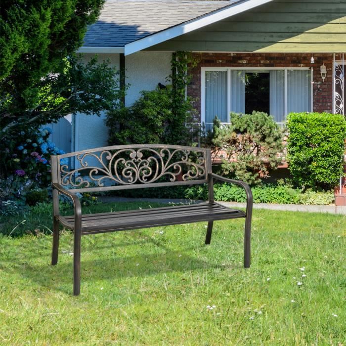 Banc De Jardin En Métal 2-3 Places - 127x59x85.5 Cm, Charge Max 300 Kg, Dossier Incliné, Accoudoirs - Pour Terrasse, Balcon, Extérieur - Noir