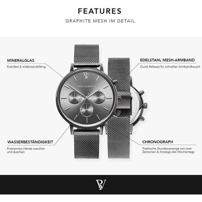 PAUL VALENTINE Multifunctional Montre Femme en Acier Inoxydable
