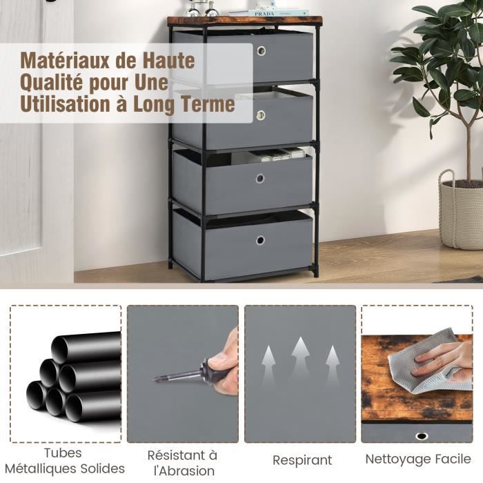 Commode Étroite 4 Tiroirs Tissu + Station Charge - Petite Commode Chambre Avec Ports USB, Idéale Petit Espace