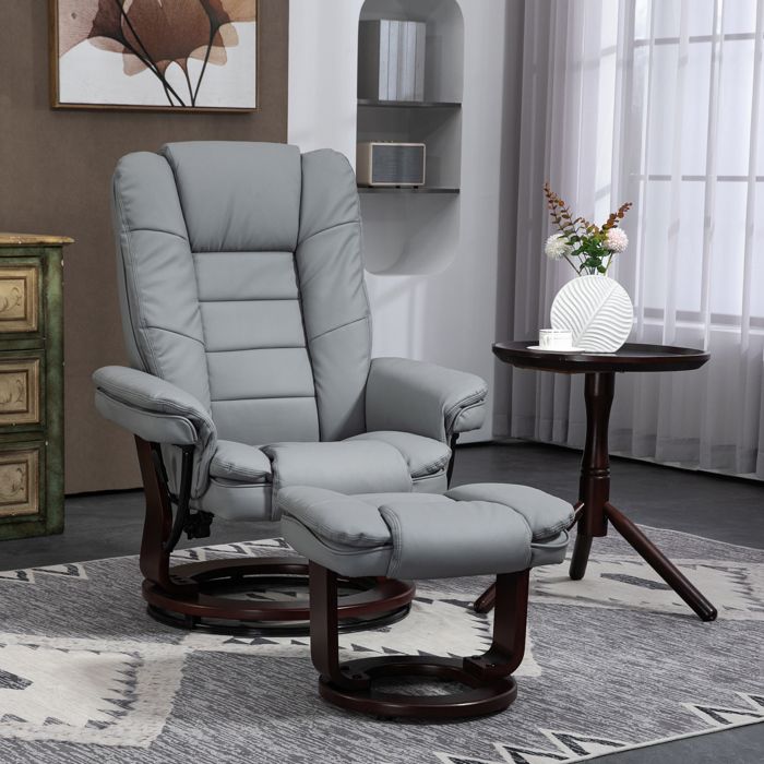 Fauteuil Relaxation HOMCOM Avec Fonction Allongée - Dossier Inclinable 135° - Base Pivotante 360° - Cuir Synthétique Gris Foncé - Charge Max 150 Kg