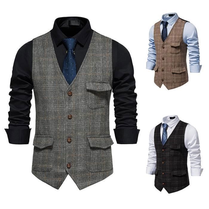 Gilet de Costume Homme Business Sans Manches Tweed Veste