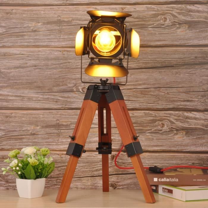 Lampadaire Projecteur Vintage Sur Trépied En Bois Et Métal Doré - Hauteur 68 Cm - Orientable 360°