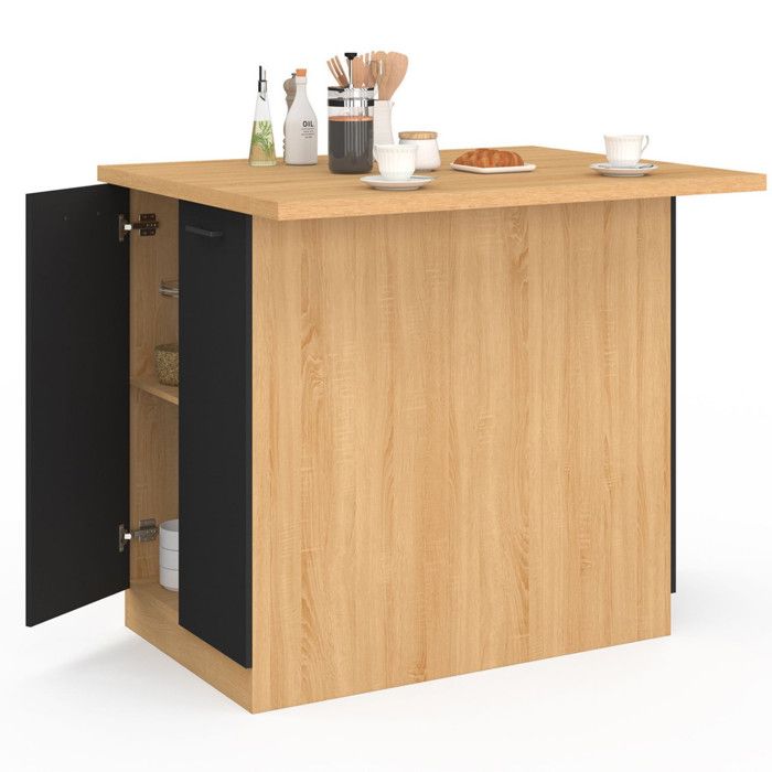 Îlot Central Cuisine 120cm IDMarket - Bois Noir, Plan Hêtre