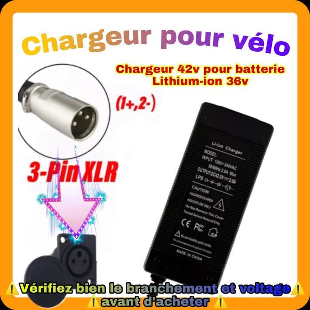 Chargeur vélo électrique 42v pour batterie 36v branchement XLR [3] BROCHES Chargeur de batterie