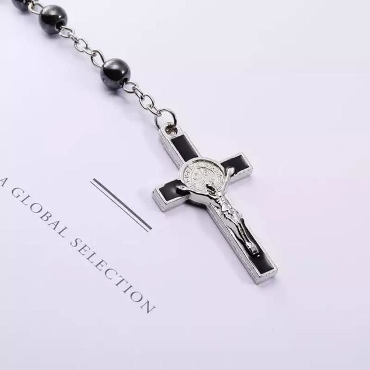 Collier Chapelet Chrétien Saint Benoît – Triple Protection En Hématite, Œil De Tigre & Agate Noire – 30 Pouces