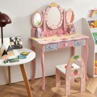COSTWAY Coiffeuse 2 en 1 Bureau pour Enfants avec Miroir Amovible, 3 Tiroirs, 2 Boîtes de Style Princesse pour Filles, Rose