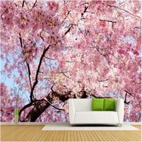 Papier Peint Panoramique Cerisier Rose Papier Peint Soie 3D Tapisserie Murales Décoration Murale, 300x210 cm
