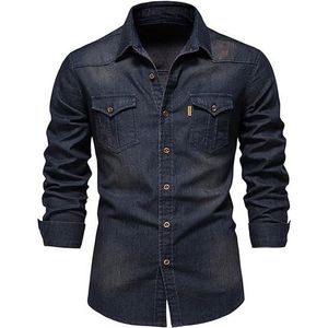 CHEMISE - CHEMISETTE Chemise Homme Manches Longues Casual Boutonnée Henley Shirts de Plage en Denim Slim Fit Bleu