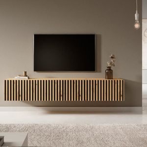 MEUBLE TV Meuble TV - TELIRE - 175 cm en chêne artisan avec façade fraisée et inserts noirs