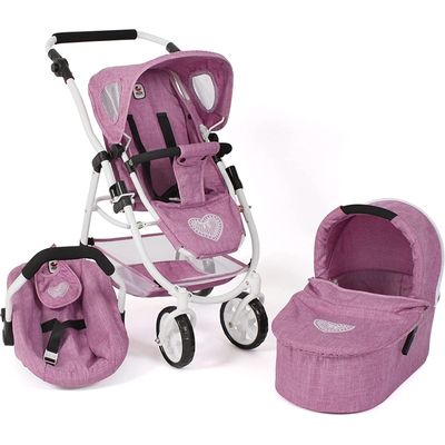 Bayer Chic 2000 Poussette pour poupée Fides, Ensemble 3 en 1 composé d'une nacelle, d'un siège Sport et d'un siège Auto, Gris et Rose chiné