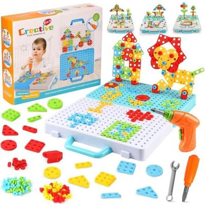 NUKied Mosaique Enfant Jeux 3 4 5 Ans,212Pcs Kit Mosaique PuzzleJeu Construction avec Perceuse Visseuse Et 3D Puzzle Dinosaure Jeux Loisir Créatif