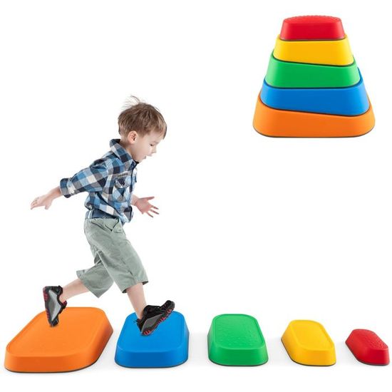 GOPLUS Poutre Équilibre Enfant 12PCS Parcours Motricité Pierre De Marche - Jouet Bois Charge 40kg 3-7 Ans Multicolore