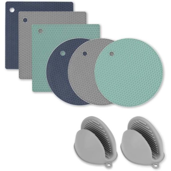 Lot De 4 Maniques Et Dessous De Plat En Silicone - 20x20 Cm, Noir Et Bleu, Pour Cuisine