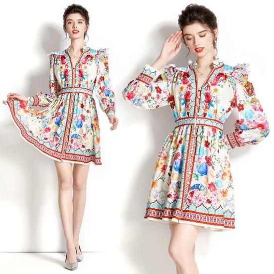 Robe fleurie à col en V et manches lanternes