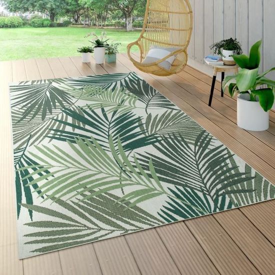 Tapis Intérieur & Extérieur Tissage À Plat Jungle Découpé Design Palmiers Floral Vert [120x170 cm]