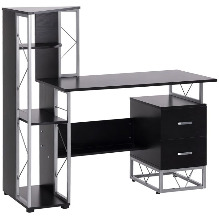 Bureau informatique design industriel 133L x 155l x 123H cm multi-rangements bibliothèque 3 étagères + 2 tiroirs MDF métal MDF noir