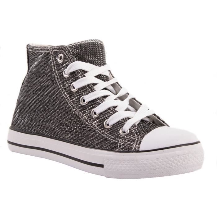 Baskets femme montantes en toile pailletée semelle caoutchouc blanc forme tennis-36