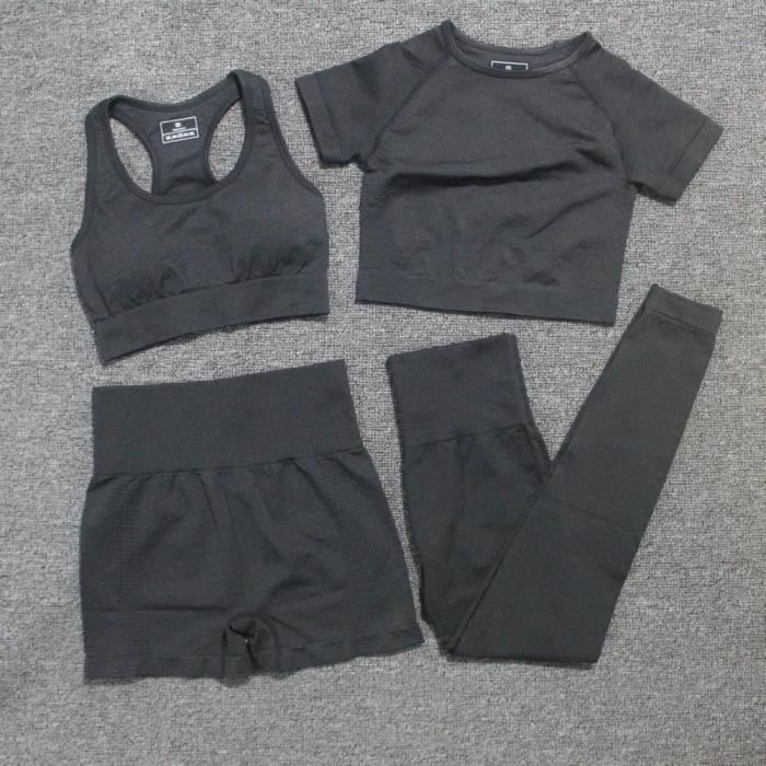 Textile Fitness - Danse,4 pièces-ensemble Yoga ensemble Leggings sans couture + haut court à manches courtes + soutien - Type Black