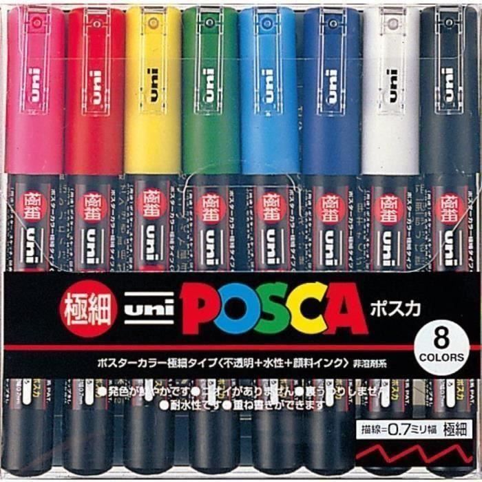 Uniball Uni Posca Boite de 8 Feutres Marqueurs Stylos Posca PC1M 8C Base Peinture Eau Pointe Extra Fine 0,7mm Expédié Depuis France