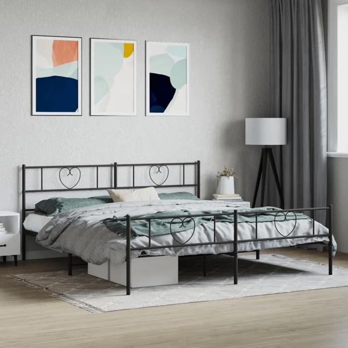 CHIC Lit Double 2 Personnes Cadre de lit métal avec tête de lit/pied de lit noir 200x200 cm Design20638