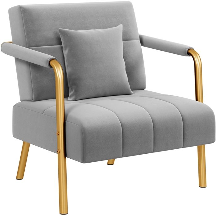 Yaheetech Fauteuil de Salon en Velours avec Coussin Carré et Cadre en Métal Doré Gris Clair Yaheetech Fauteuil de Salon en Velours avec Coussin Carré et Cadre en Métal Doré Gris Clair