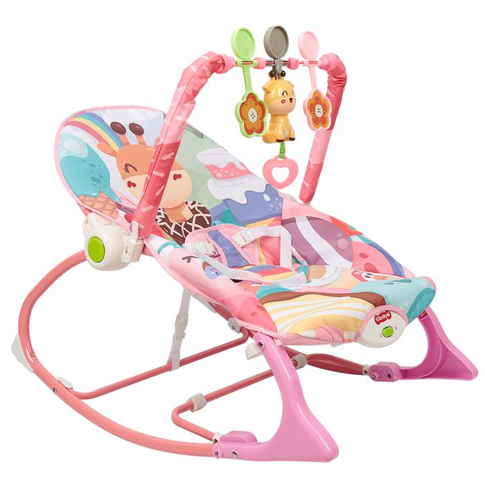 XJING-Balancelle Transat Bébé Électrique 3 en 1 avec Télécommande Pédale Table à manger Bluetooth Musique Rose + panaché