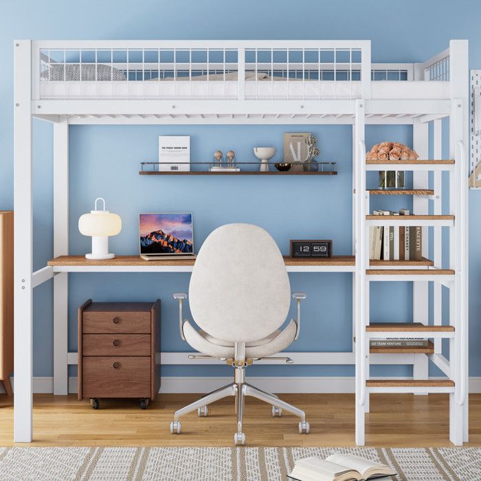 Lit mezzanine enfant 90 x 200cm Lit loft Lit simple métal avec bureau étagères rangement barrière et sommier à lattes - blanc