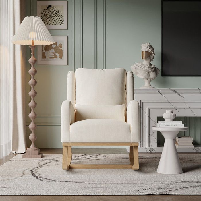 Fauteuil à bascule en Lin rocking chair avec Coussin Rembourré chaise a bascule Poche Latérale et Accoudoirs pieds en bois beige