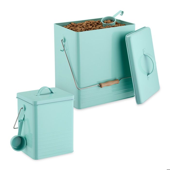 Relaxdays Boîte de conservation lot de 2 2 tailles avec couvercle & cuillère fer récipient croquettes turquoise