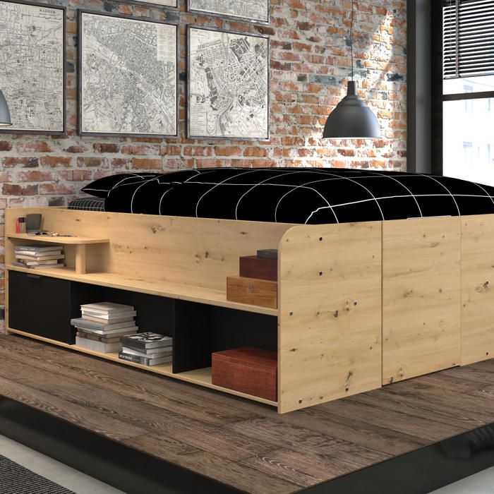 Lit coffre 140x190/200 avec multiples rangements noir - Noir - Fabriqué en France - Terre de Nuit