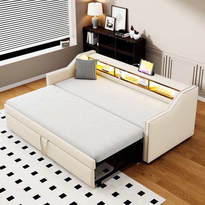 Lit gigogne 90/180x190 cm - Avec rangement - Avec éclairage LED + USB - Avec sommier à lattes - Beige(matelas non inclus)
