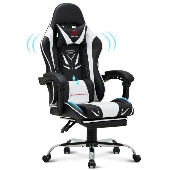 COLAMY Chaise gaming ergonomique avec repose-pieds capacité de charge maximale 136kg - Blanc