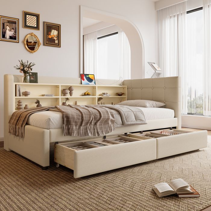lit simple Méridienne 90*200cm canapé-lit avec 2 tiroirs USB + Type C multiples rangements avec sommier à lattes lin