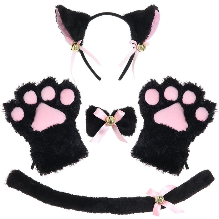 Meilleurs prix pour Costume de chat cosplay ensemble de chaton queue oreilles collier pattes gants kit pour Halloween